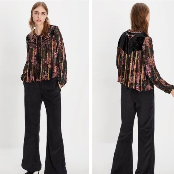 ZARA VELVET EMBROIDERED TIE UP BLOUSE - Picture 2 of 9